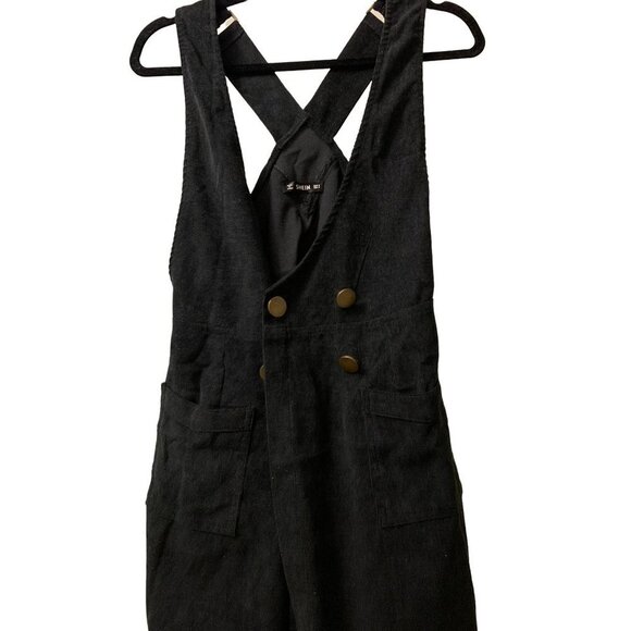 SHEIN Black Corduroy Dress w Adjustable Shoulder Strap V-Neck Bronze Buttons Sma - Picture 1 of 4